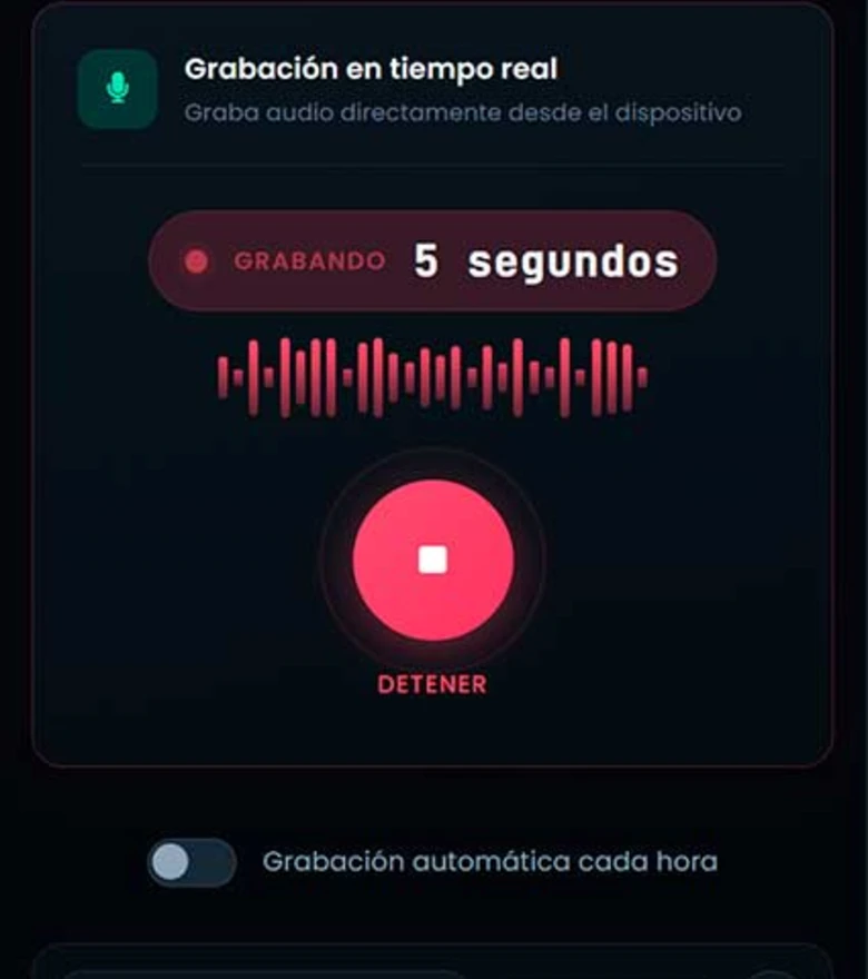 Grabación de audio — vista móvil del panel de CatWatchful con el teléfono de demostración