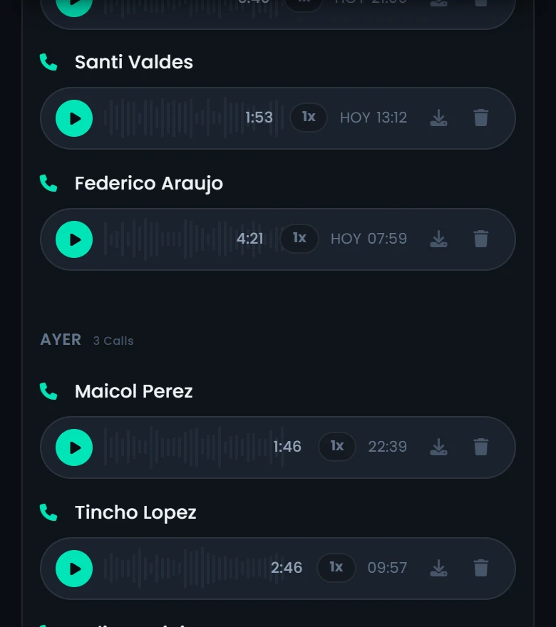 Llamadas grabadas — vista móvil del panel de CatWatchful con el teléfono de demostración