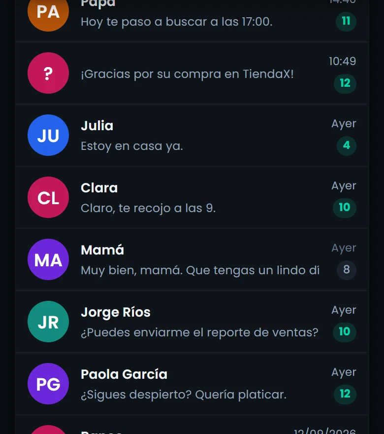 Mensajes — vista móvil del panel de CatWatchful con el teléfono de demostración